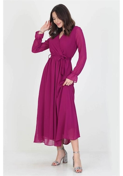 Neşeli Butik Kadın Yeni Sezon Astarlı Kruvaze Yaka Uzun Şifon Elbise Nb003 Mürdüm