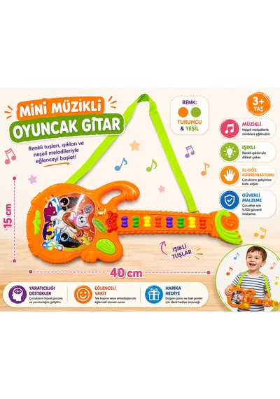 Mini Müzikli Oyuncak Gitar Turuncu Yeşil