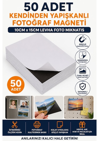 Kendinden Yapışkanlı Fotoğraf Magneti, 50 Adet 10cm X 15cm Levha Foto Mıknatıs