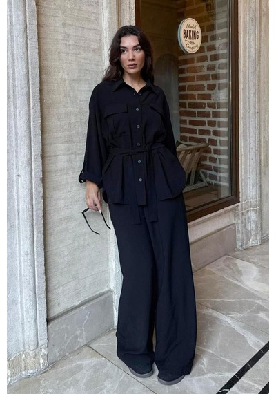 Seeh Siyah Uzun Kollu Oversize Kadın Takım Sh338 Standart