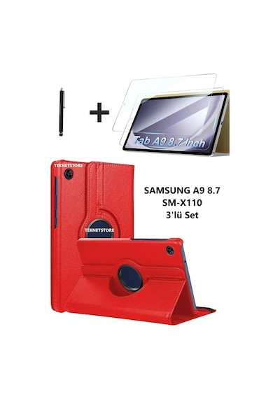 Samsung Galaxy Tab A9 8.7 Inç Tablet Uyumlu 360 Döner Pu Deri Kılıf Seti Sm-x110 Kılıf