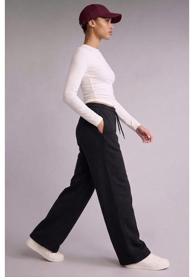 Soft&Basic Kadın Beli Bağcıklı Düz Paça Cepli Rahat Jogger Flare Fit Eşofman Altı Siyah