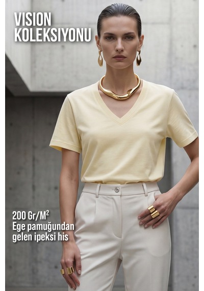 Goffra Kadın Vision V Yaka Premium Kalite Yoğun Dokulu Pamuklu T-shirt Sarı W102-r0220-03