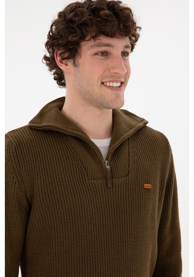 U.S. Polo Assn. Erkek Regular Fit Yarım Fermuarlı Haki Kazak 50297047-VR027