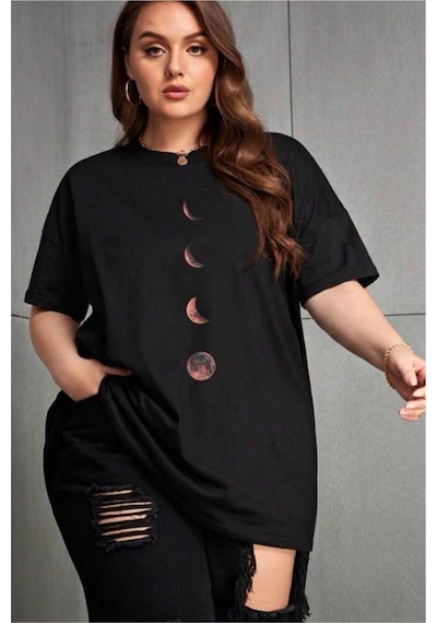Moon Kadın Büyük Beden Battal Baskılı Bisiklet Yaka Pamuklu T-shirt Rahat Kesim Unisex Sevgili Kombini SIYAH