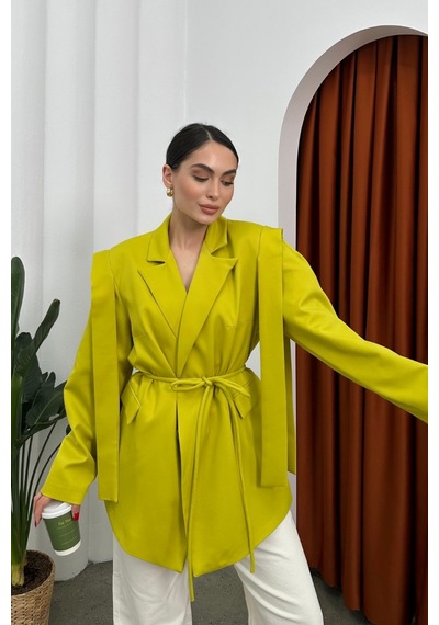 Msm Fashion Kadın Oversize Blazer Ceket Kuşaklı Omuz Detaylı Limon Yeşili Yeşil