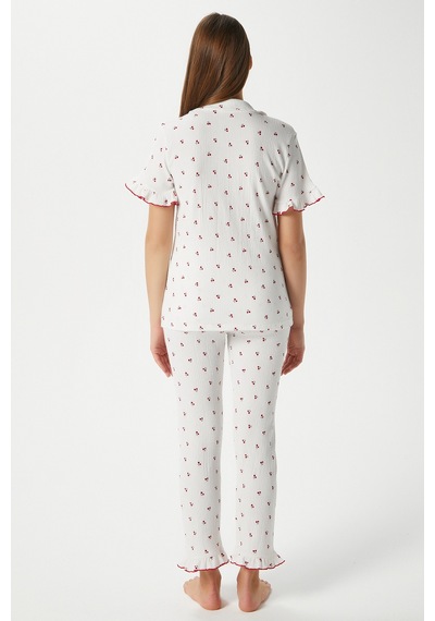 Ritnice Kadın Enda Fırfırlı Kiraz Desen Alt Üst Pijama Takımı Ekrukrımızı