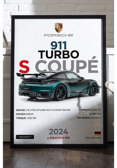 Porsche 911 Turbo S Coupe Siyah Ahşap Çerçeveli Poster, Dekoratif Araba Duvar Tablosu