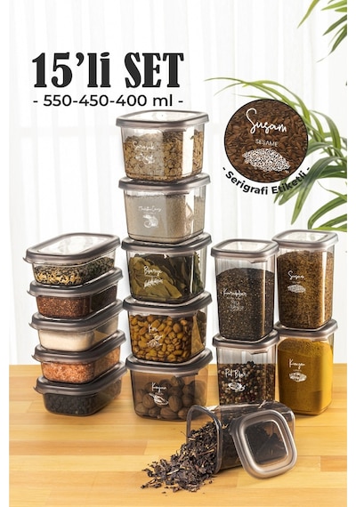 Vienev 15li Süper Set Baharat Saklama Kabı Seti Avantajlı Paket 5x 0,40, 0,45, 0,55 L Etiketli Şeffaf