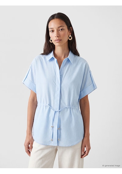 Lcwaıkıkı Classic Mavi Çizgili Bağcıklı Oversize Kadın Gömlek