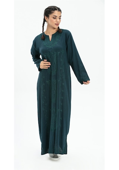 Eliş Şile Bezi Uzun Kol Şile Bezi Simli Kaftan Midi Boy Elbise Petrol