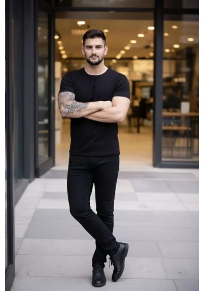 Efnaz Style Erkek T-shirt Bisiklet Yaka Slim Fit Dar Kesim Likralı Tişört Günlük Basic Body - Siyah