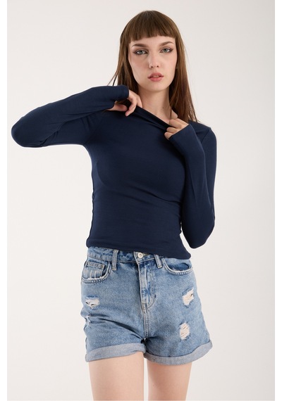 Gugus Kadın Modal/viskon Kumaş Bisiklet Yaka Parmak Geçirmeli Body Lacivert