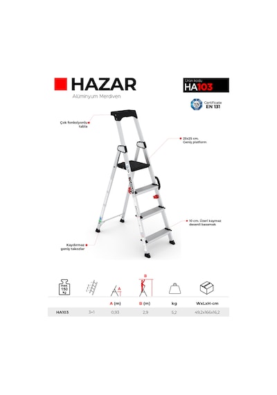 Çağsan HA103 3+1 Basamaklı Hazar Alüminyum Merdiven