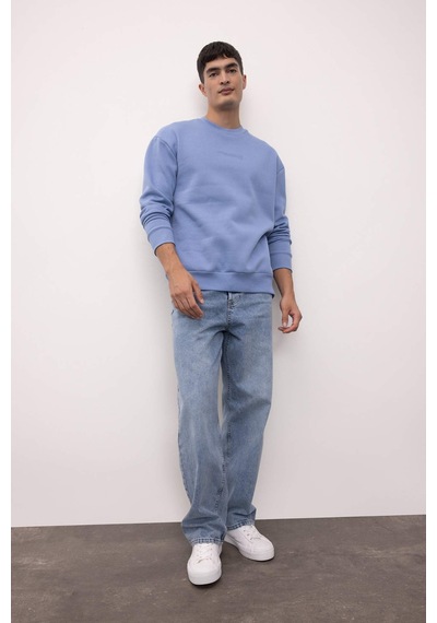 Defacto Boxy Fit Bisiklet Yaka Baskılı Sweatshirt X8282AZ24AUBE797 Mavi