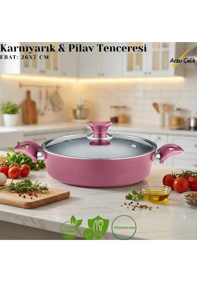 26 Cm Granit Karnıyarık & Pilav Tenceresi Cam Kapak - Mürdüm Mürdüm