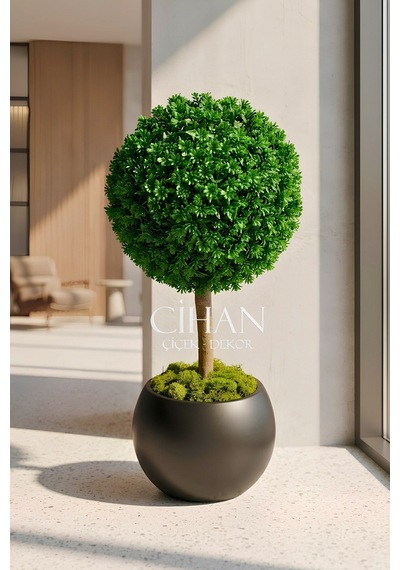 Yapay Uv Dayanımlı Şimşir Top Ağacı 100 Cm 45 Cm Çap 27x33 Cm Küre Saksılı Beyaz