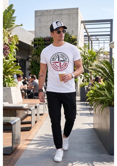 Buratti Baskılı Bisiklet Yaka Pamuklu Slim Fit Erkek T Shirt 541Pusula Beyaz