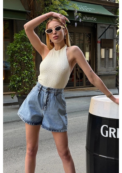 Buz Mavisi Çift Cepli Pileli Mini Denim Şort Çok Renkli