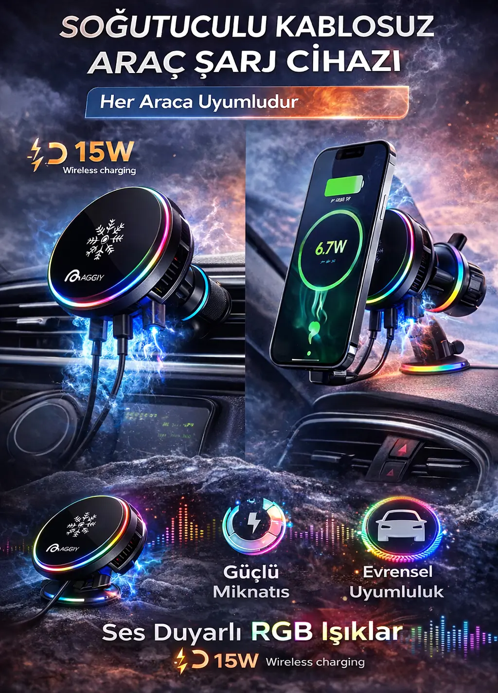 Aggiy Coolmag Soğutmalı 15w Magsafe Araç İçi Şarj Mıknatıslı Telefon Tutucu Izgara & Cam Montaj Kablosuz Şarj