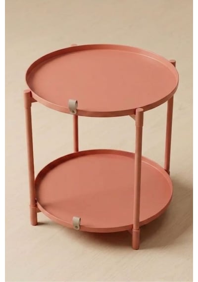 Çift Tepsili Katlanır Orta Yan Yuvarlak Sehpa Metal Ayak - Modern Sehpa 50cm 44 Cm Tepsi Deri Kulplu Şeker Pembe