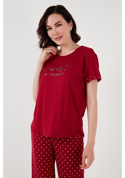 Lela Yumuşak Dokulu Bisiklet Yaka Bayan Pijama Takımı 6097605 Bordo