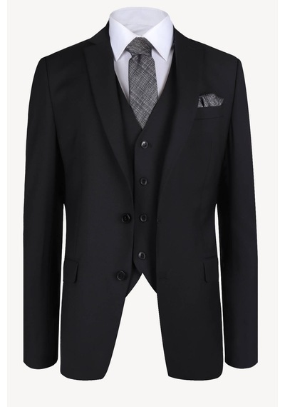 Erkek Siyah Slim Fit Yelekli Takım Elbise