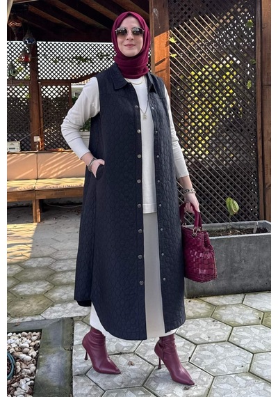 Rabia Şamlı Safir Kapitone Yelek Siyah Çok Renkli