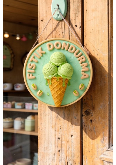 Fıstıklı Dondurma Görselli İpli Ahşap Kapı Ve Duvar Süsü, Cafe, Dondurmacı Tabelası, Tatlıcı Dekoru
