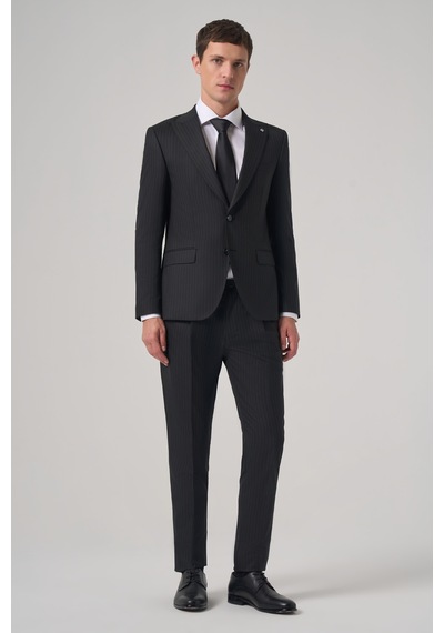 Morven Erkek Siyah Yünlü Trend Çizgili Slim Fit Sivri Yaka Takım Elbise 26mc001042001 Siyah