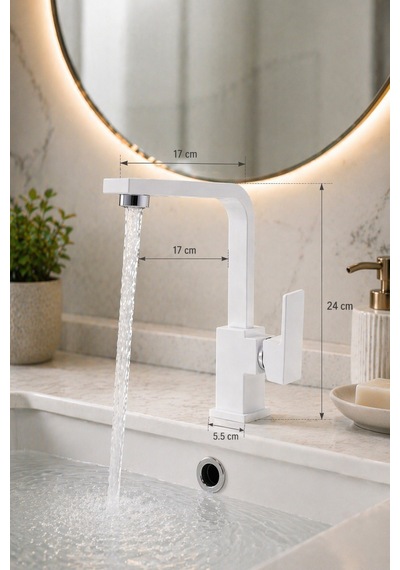 Lüx Premium Beyaz Kare Lavabo Bataryası