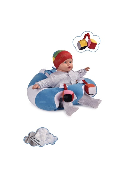 Oyuncaklı Bebek Oturma Destek Minderi - Devrilmez Bebek Koltuğu - Büyük Bebek Oturağı Mavi Beyaz