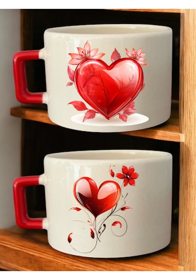 Kalp Teması 2'li Kupa Bardak - Kupa Çeşitleri, Kupa Çay Bardakları, Kupa Çay, Kupa Ve Mug Beyaz