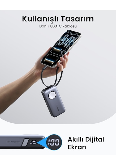 Ugreen 10.000 Mah 30w Magsafe Kablosuz Hızlı Şarj Powerbank, Apple Uyumlu Watch Şarj Destekli 5w , 55434b Gri