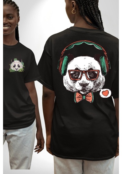 Kulaklıklı Hipster Portre Panda Siyah Oversize Unisex Ön Ve Sırt Baskılı Tişört Siyah