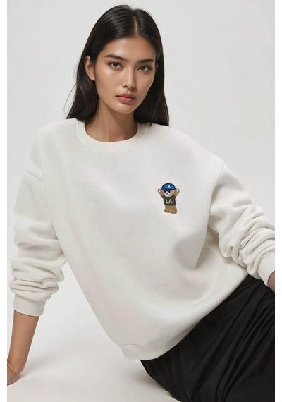 Hiccup İşlemeli Pamuklu Sweatshirt Tozlu Beyaz