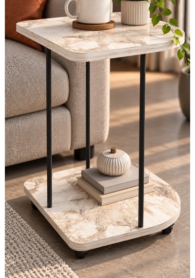 Sulorahome Tekerlekli Oval Servis Sehpası Mermer Desenli Beyaz