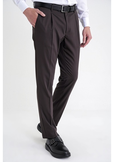 Comfort Fit Yan Cep Esnek Pamuklu Gabardin Tek Pileli Kahverengi Pantolon P 1211