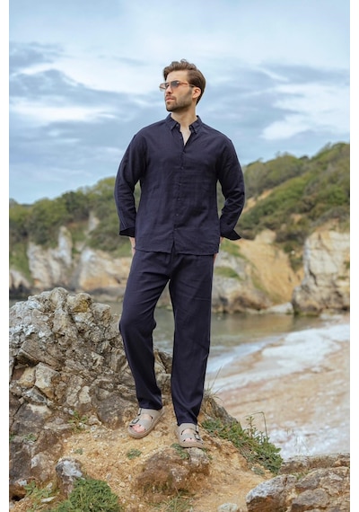 Madmext Lacivert Rahat Kesim Keten Erkek Gömlek Pantolon Takım E7362