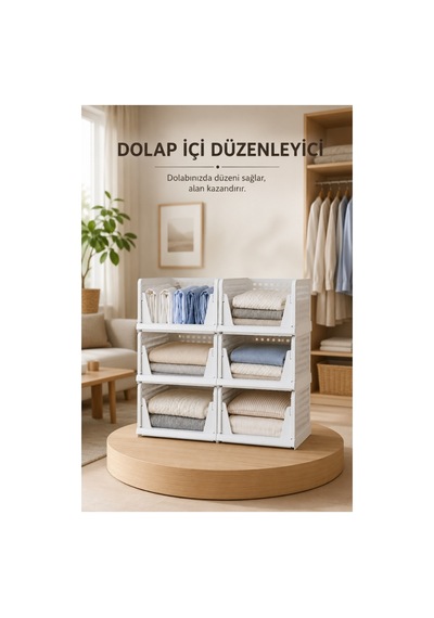 Piev Kayar Raf Sistemli Dolap İçi İstiflenebilir Kıyafet Düzenleyici Organizer Beyaz 6 Adet