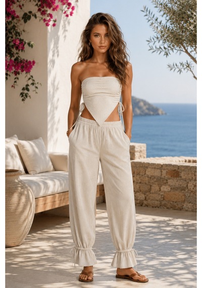 Lilly Azure Çizgili Straplez Üst Ve Pantolon Takımı Ekru Ekru
