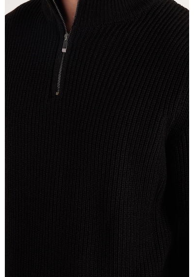 Tudors Erkek Slim Fit Dar Kesim Fermuarlı Siyah Dik Yaka Triko Kazak-34921 Siyah