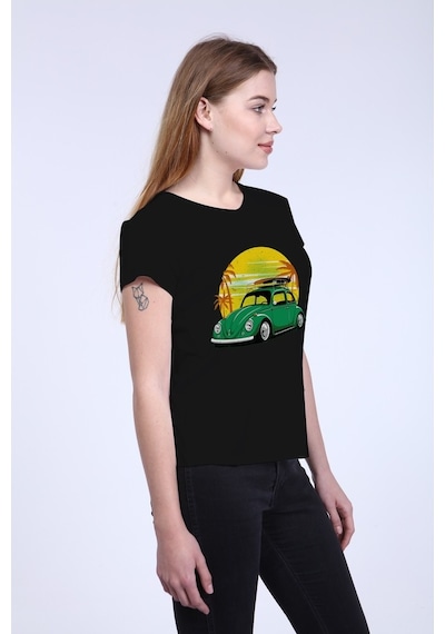 Kadın Siyah Ön Araba Baskılı V Yaka Tshirt Siyah