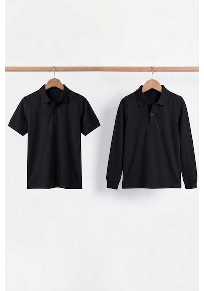Nacar Store Unisex Çocuk Uzun Ve Kısa Kollu Polo Yaka Okul Tişörtü 2'li Set Siyah