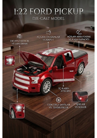 Metal Ford Pickup 1:22 Ölçek Kırmızı - Sesli, Işıklı Ve Çek Bırak Off-road Oyuncak Arazi Aracı Çok Renkli
