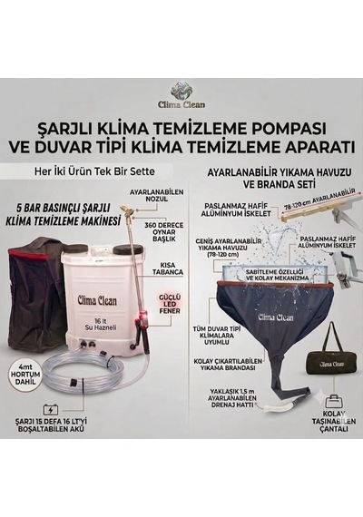 Şarjlı Klima Temizleme Pompası+duvar Tipi Klima Temizleme Aparatı İkili Set