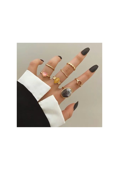 Passion Gold Altın Renkli Siyah Taşlı Vintage Bohem 6 Parça 6'lı Yüzük Seti Koyu Gri