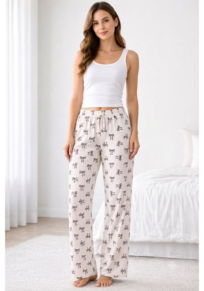 Viskon Pamuklu Kadın Pudra Desenli Pijama Pantolon - Mg009 - Mudanis