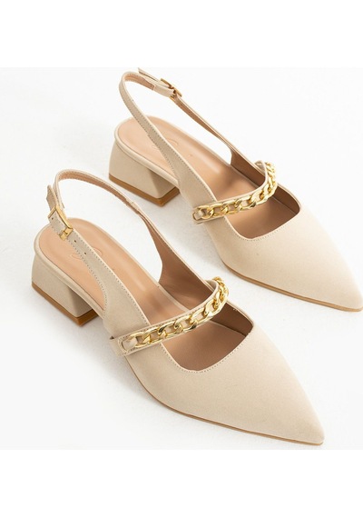 Duxal Shoes Violet Kısa Topuk Zincir Detaylı Klasik Topuklu Ayakkabı - Babet Bej