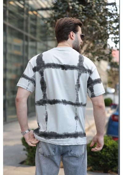 Madmext Boyalı Gri Bisiklet Yaka Baskılı Basic Erkek T-shirt E7109
